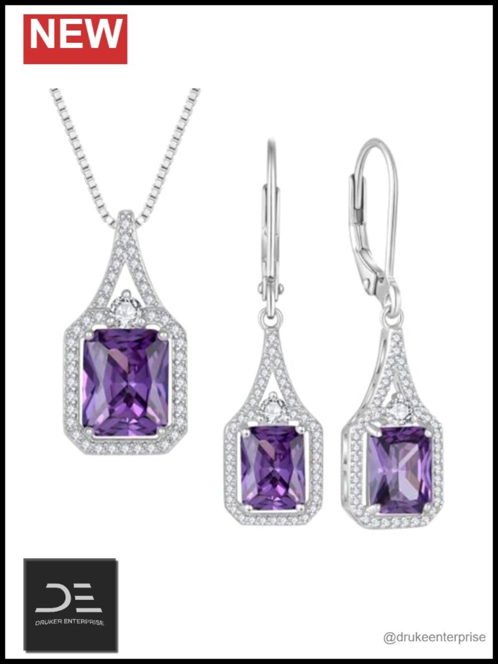 Emerald Cut 925 Sterling Silver 18k White Gold Plated Amethyst Jewelry Set
